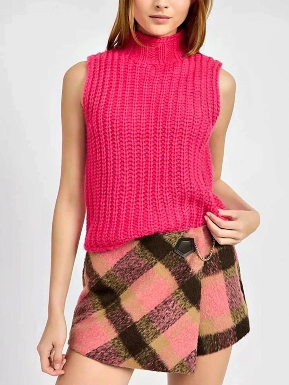 En Saison Linnie Sleeveless Knit Sweater Vest Hot Pink Mock Neck Sz XS preppy